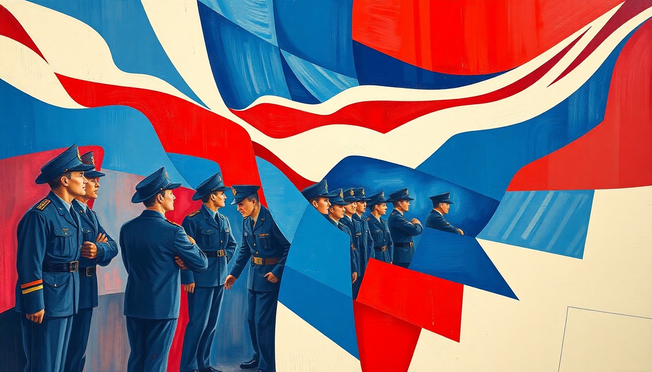 A highly stylized, fractured painting featuring overlapping geometric shapes and waves of red, white, and blue colors, conceptually representing the energy and momentum behind the Air Force's recent recruiting achievements.
