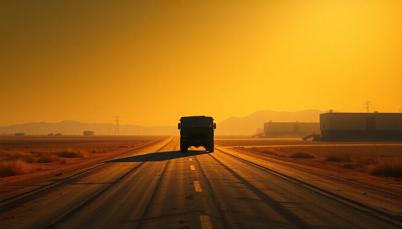 A serene, painterly scene of a lone military vehicle on a dusty road leading away from an airbase, bathed in warm light and deep shadows, conveying a sense of quiet transition and change.