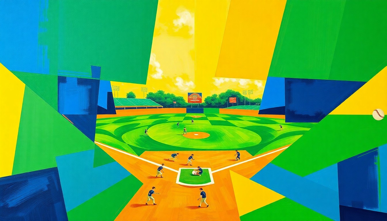 A fragmented, geometric painting depicting a high school softball game, with overlapping planes of bright green, royal blue, and golden yellow representing the dynamic action on the field.