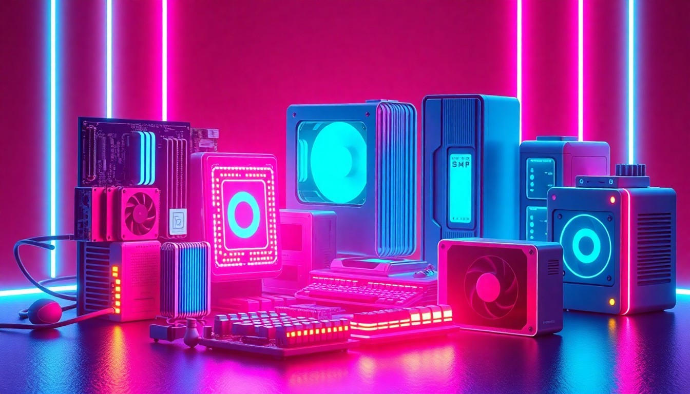 An abstract, glowing 3D illustration of classic PC gaming hardware components like motherboards, graphics cards, and processors, arranged in a futuristic composition and illuminated by pulsing neon lights, conceptually representing the enduring appeal of retro PC games.