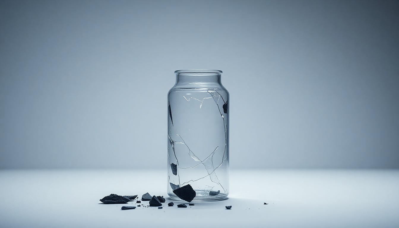 A photorealistic studio still life featuring a shattered glass vial or beaker against a clean, monochromatic background, symbolizing the failure of Atara's drug candidate and the risks faced by the company.
