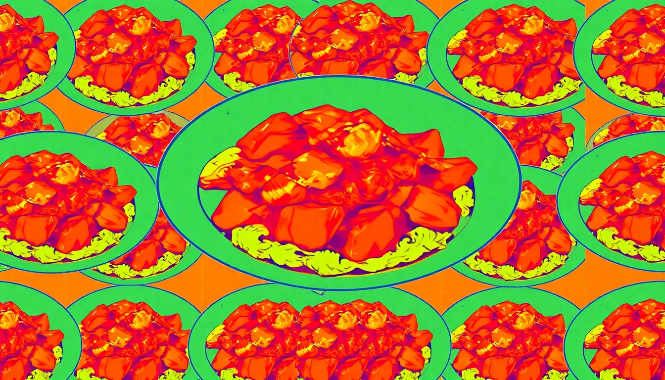 A vibrant, silkscreen-style illustration featuring a repeated grid pattern of a single plate of Pork in Garlic and Pepper Sauce, rendered in a high-contrast palette of neon colors and heavy black outlines to capture the modern, artistic energy of the restaurant's menu expansion.