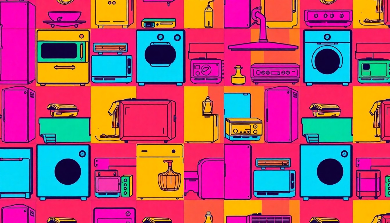 A vibrant, abstract silkscreen-style illustration featuring a repeated pattern of a luxury kitchen appliance or architectural detail in a bold, neon color palette, capturing the upscale aesthetic of the Highgrove Court development.