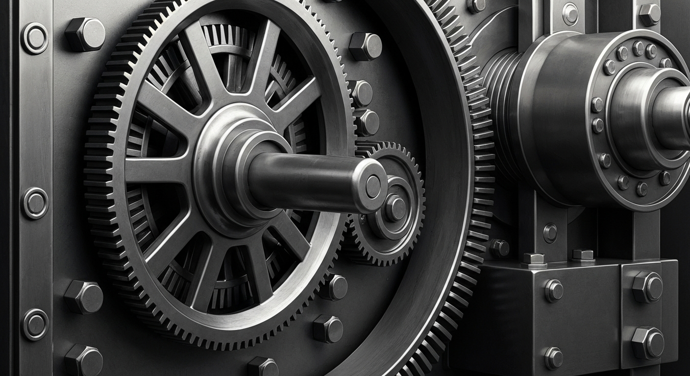 An extreme close-up view of the intricate mechanical components of a bank vault, conveying the secure and reliable nature of the financial institution's infrastructure.