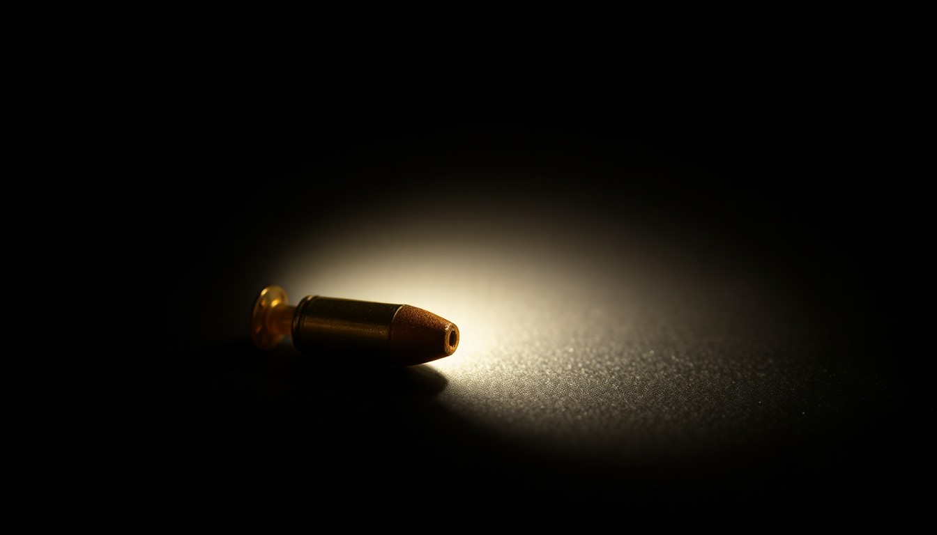 An extreme close-up of a single spent bullet casing on a dark surface, lit by a harsh, direct camera flash, conceptually representing the tragedy of the Florida State shooting.