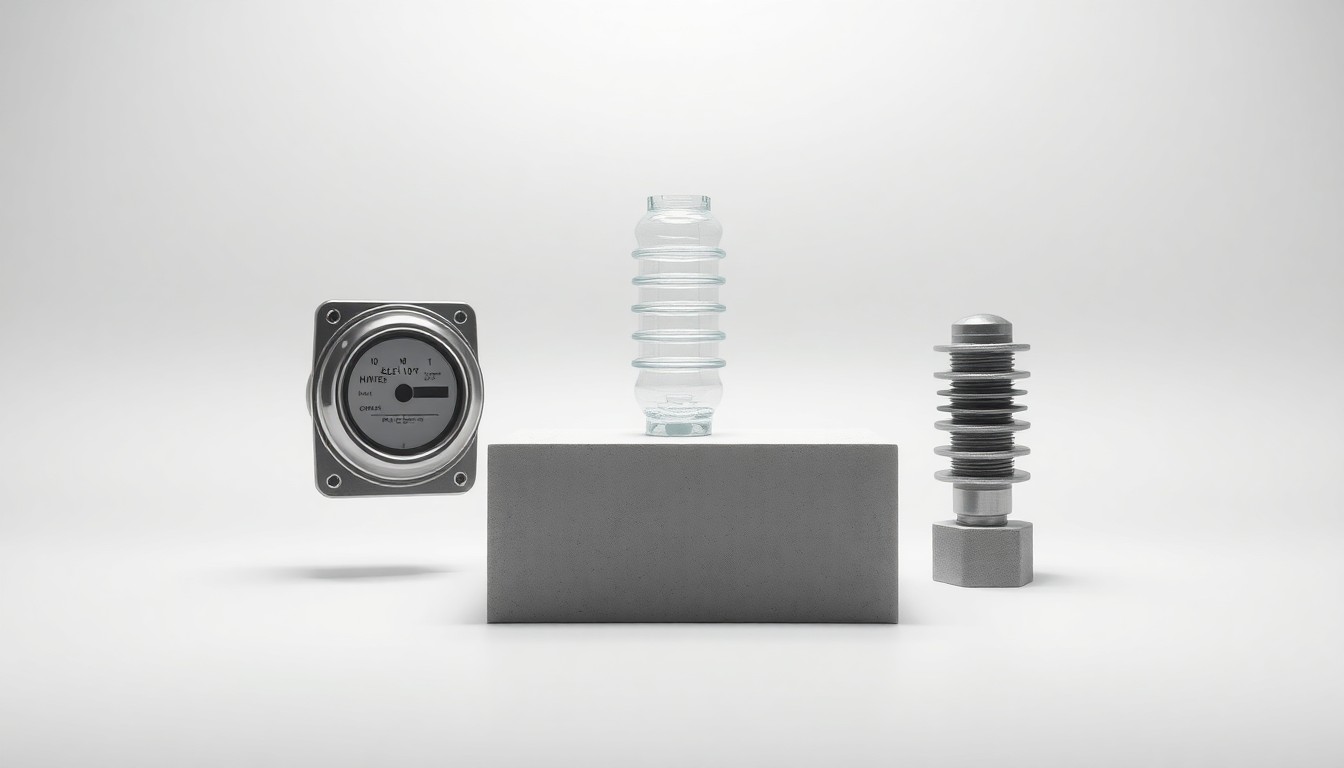 A photorealistic studio still life featuring a polished metal utility meter, a sleek glass insulator, and a smooth concrete block arranged on a clean, monochromatic background, conceptually representing the utility's infrastructure and strategic planning.