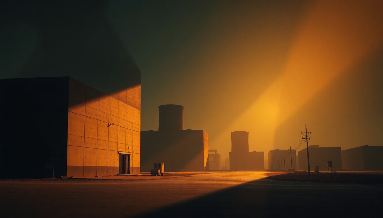 A serene, photorealistic painting of an Iranian nuclear facility shrouded in warm, golden light and deep shadows, conveying a sense of quiet unease and geopolitical tension.