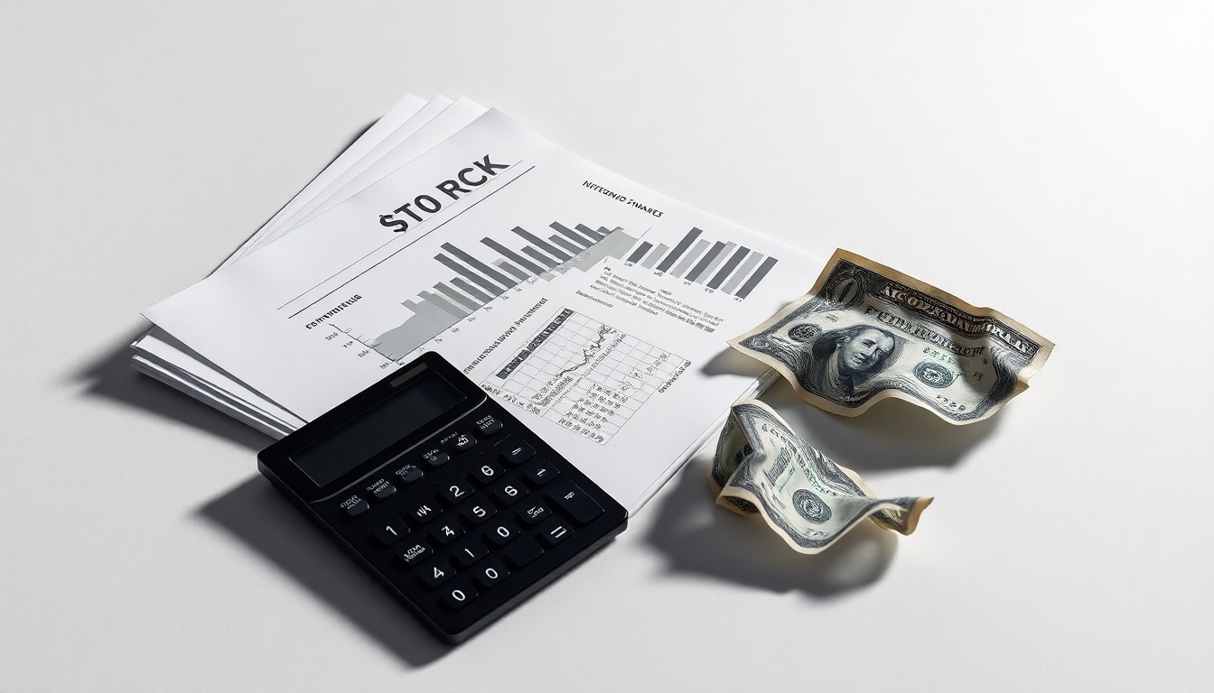 A photorealistic studio still life featuring a stack of stock trading documents, a broken calculator, and a crumpled dollar bill, symbolizing the financial turmoil surrounding Gemini Space Station's IPO.
