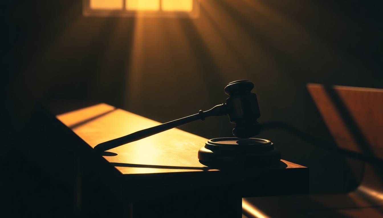A close-up painting of a judge's gavel resting on a wooden bench, with warm sunlight and deep shadows creating a contemplative, nostalgic mood.