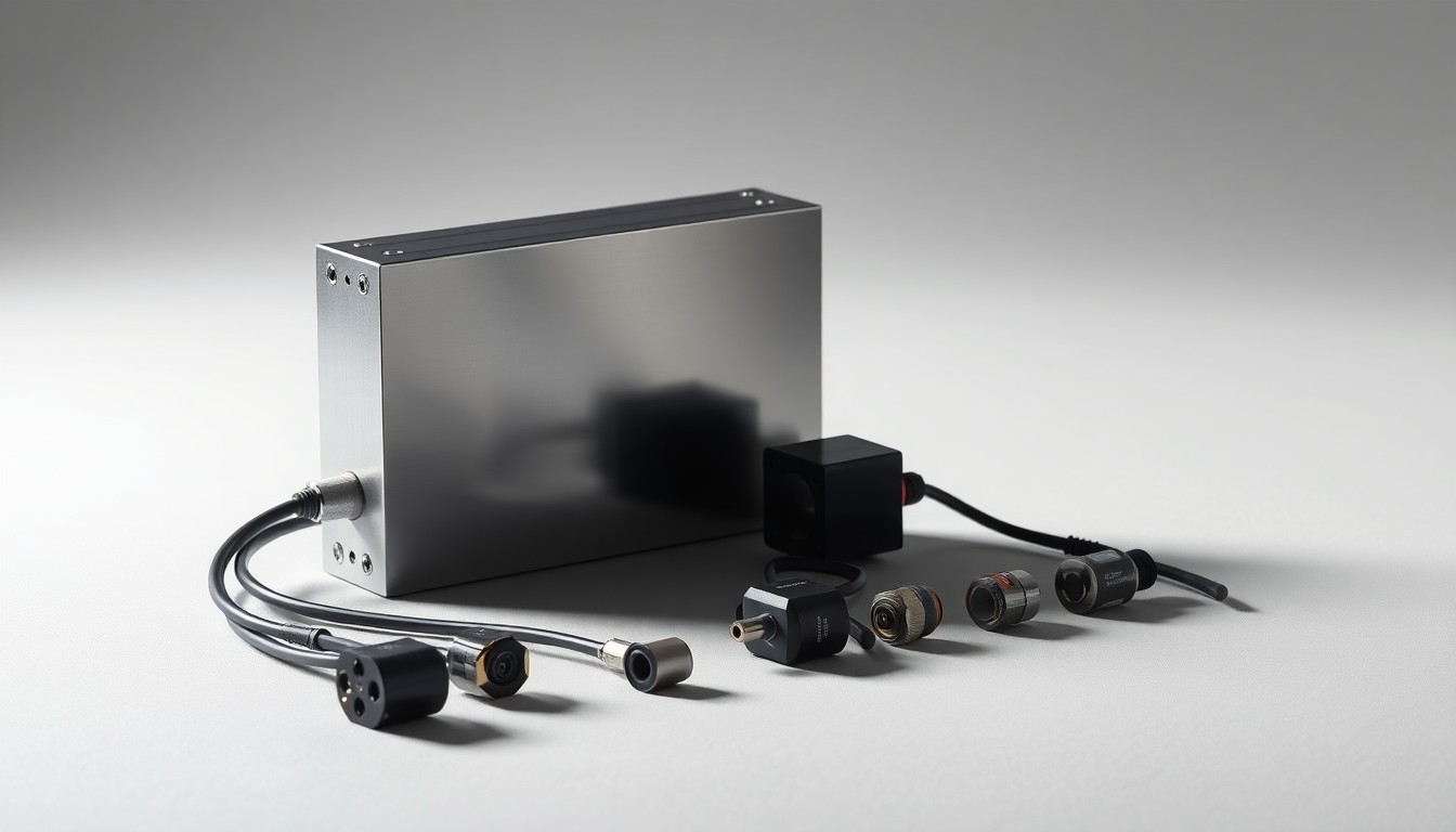 A high-end, photorealistic studio still-life photograph featuring a sleek, polished metal heat tracing unit and a series of sensor components arranged elegantly on a clean, monochromatic background, conceptually representing the advanced technology behind Chemelex's thermal management solutions.