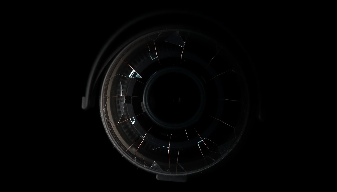 An extreme close-up photograph of a broken security camera lens against a pitch-black background, lit by a harsh, direct camera flash, conceptually representing the violation of privacy in a public setting.