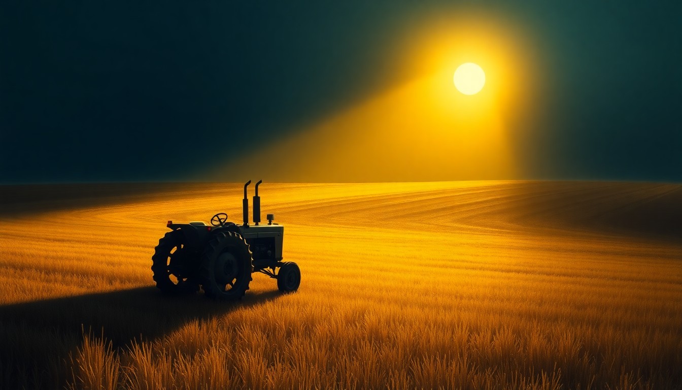 A serene, realistic painting of a solitary tractor parked in a rural field, with the vehicle's form and the surrounding landscape rendered in muted, earthy tones and dramatic lighting, conveying a sense of quiet contemplation about the role of agriculture in the local community.