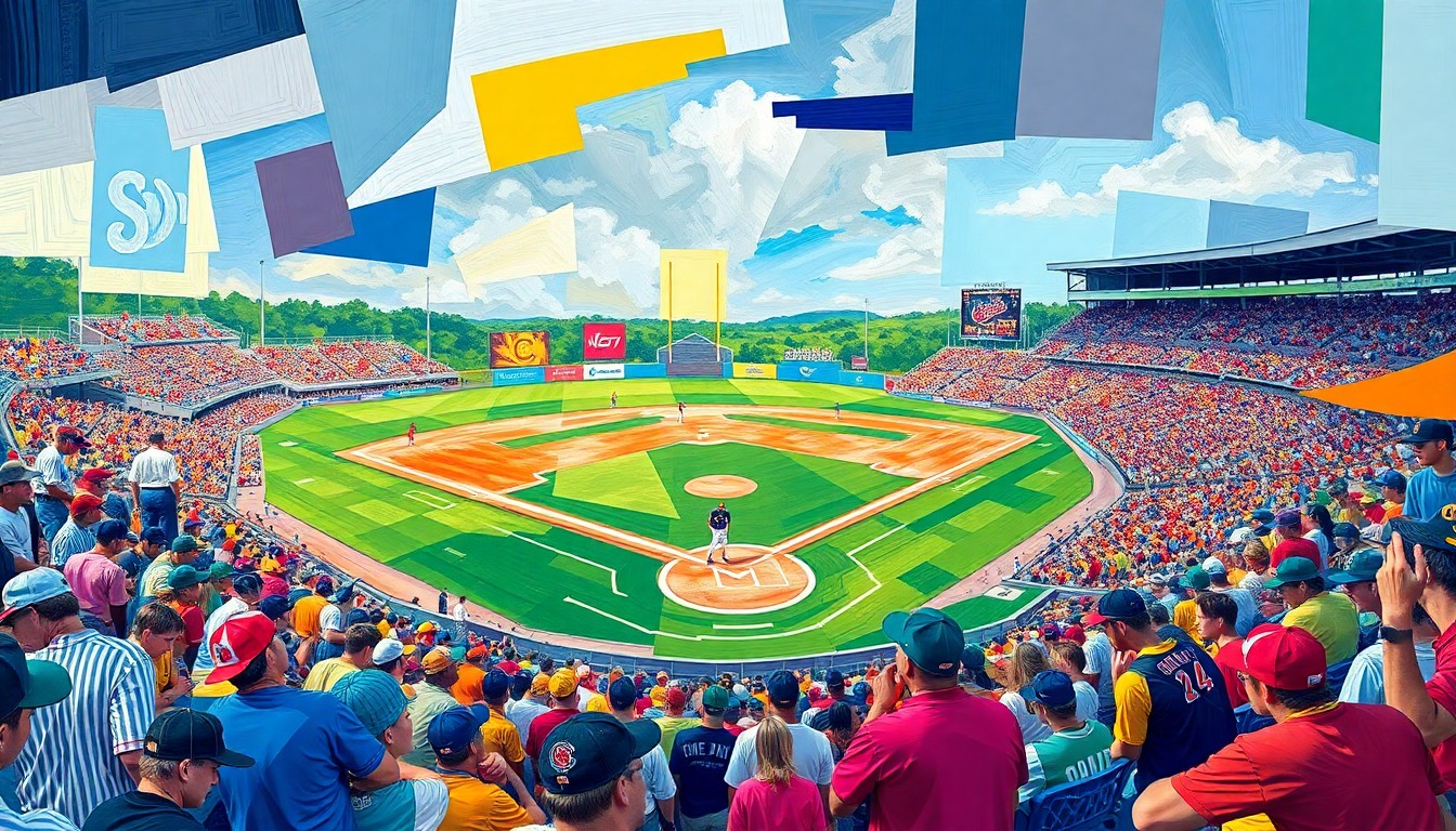 A fragmented, geometric painting depicting a high school baseball game, with the vibrant team colors of the competing schools filling the frame in an abstract, deconstructed style.