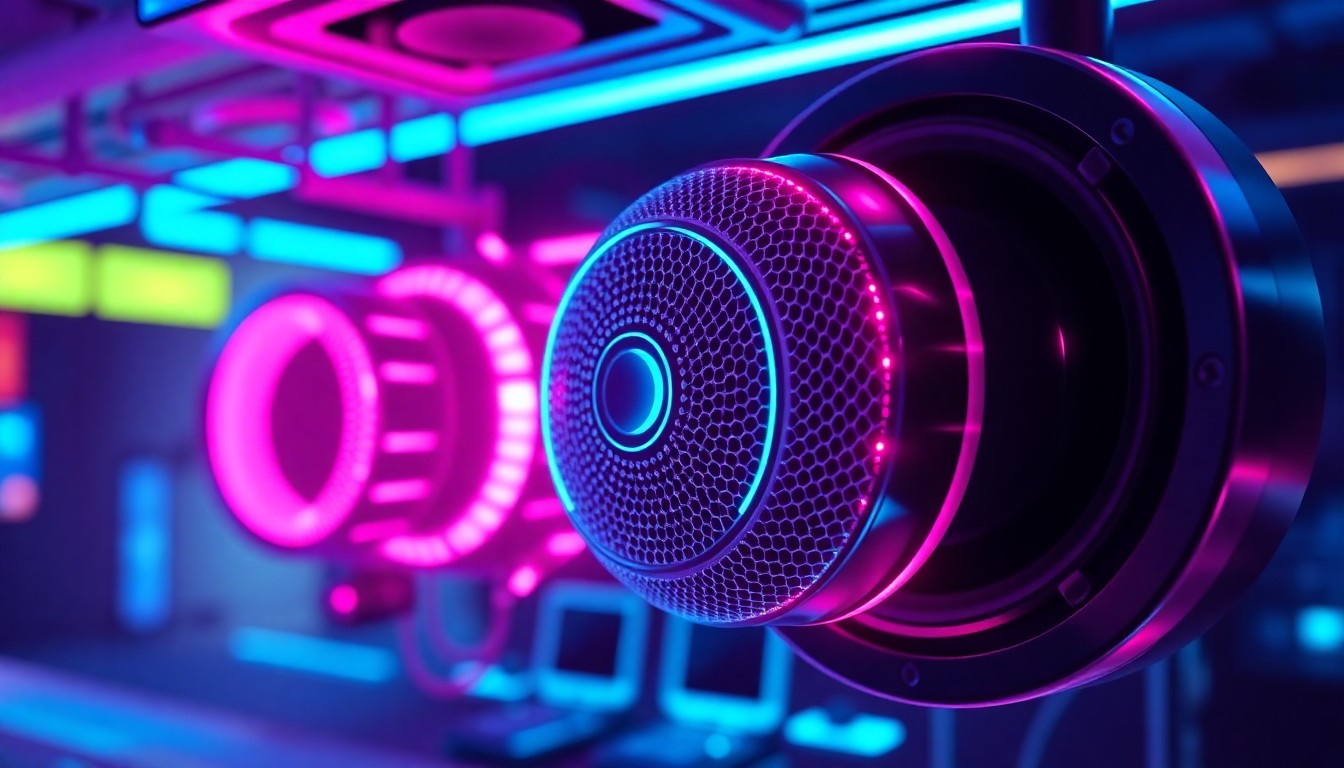 A highly detailed, glowing 3D illustration of a drive-thru speaker and sensor array, with neon cyan and magenta lights highlighting the complex digital infrastructure that powers real-time voice AI analytics for quick-service restaurants.