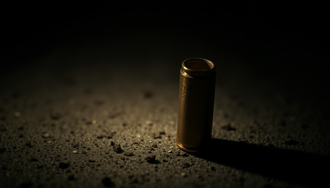 An extreme close-up of a single spent shell casing on a dark, textured surface, dramatically lit by a harsh camera flash to create a stark, gritty aesthetic that conceptually represents the violence of a police pursuit and self-inflicted shooting.