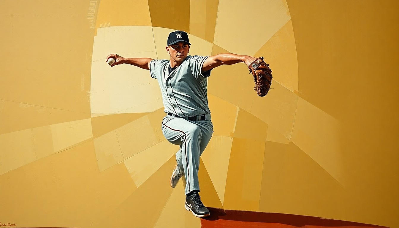 A fragmented, geometric painting depicting a baseball pitcher's throwing motion broken down into overlapping planes of muted earth tones, conceptually representing the challenges of adapting to a new league and culture.
