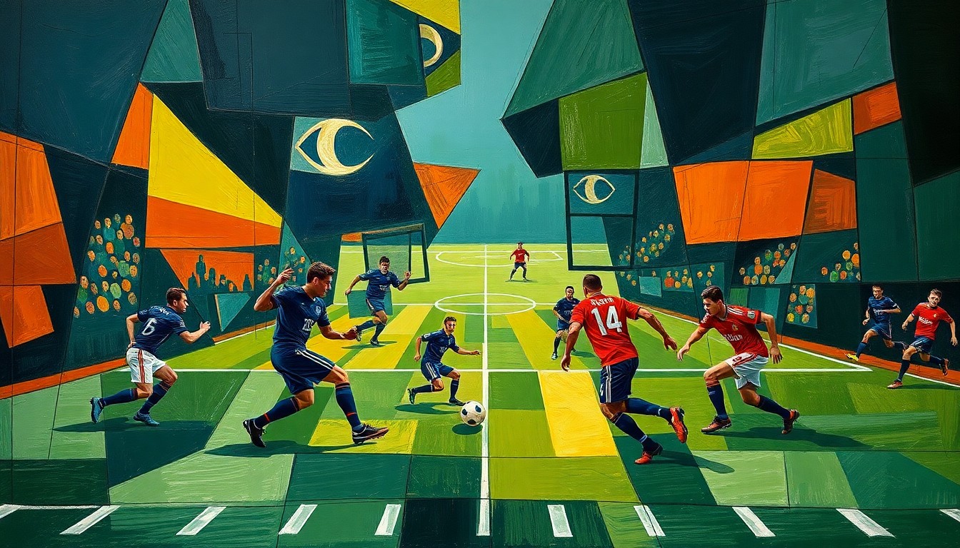 A fragmented, geometric painting depicting an American football game, with players and field elements broken down into sharp, overlapping planes of navy, green, and orange, creating a dynamic, cubist composition.