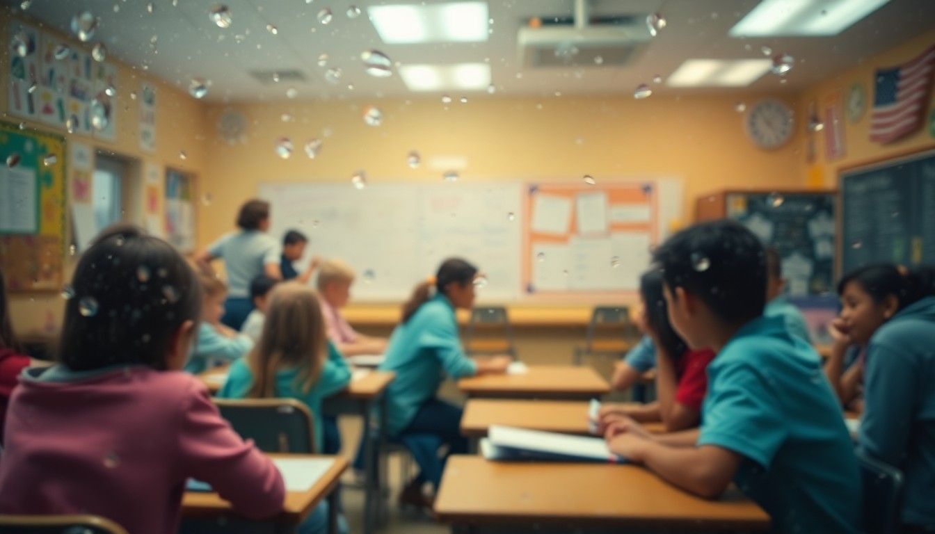 An abstract, out-of-focus photograph depicting the blurred silhouettes of students and teachers in a classroom, captured through a rain-streaked window and rendered in soft, warm tones that evoke the daily energy and activity of a public school setting.