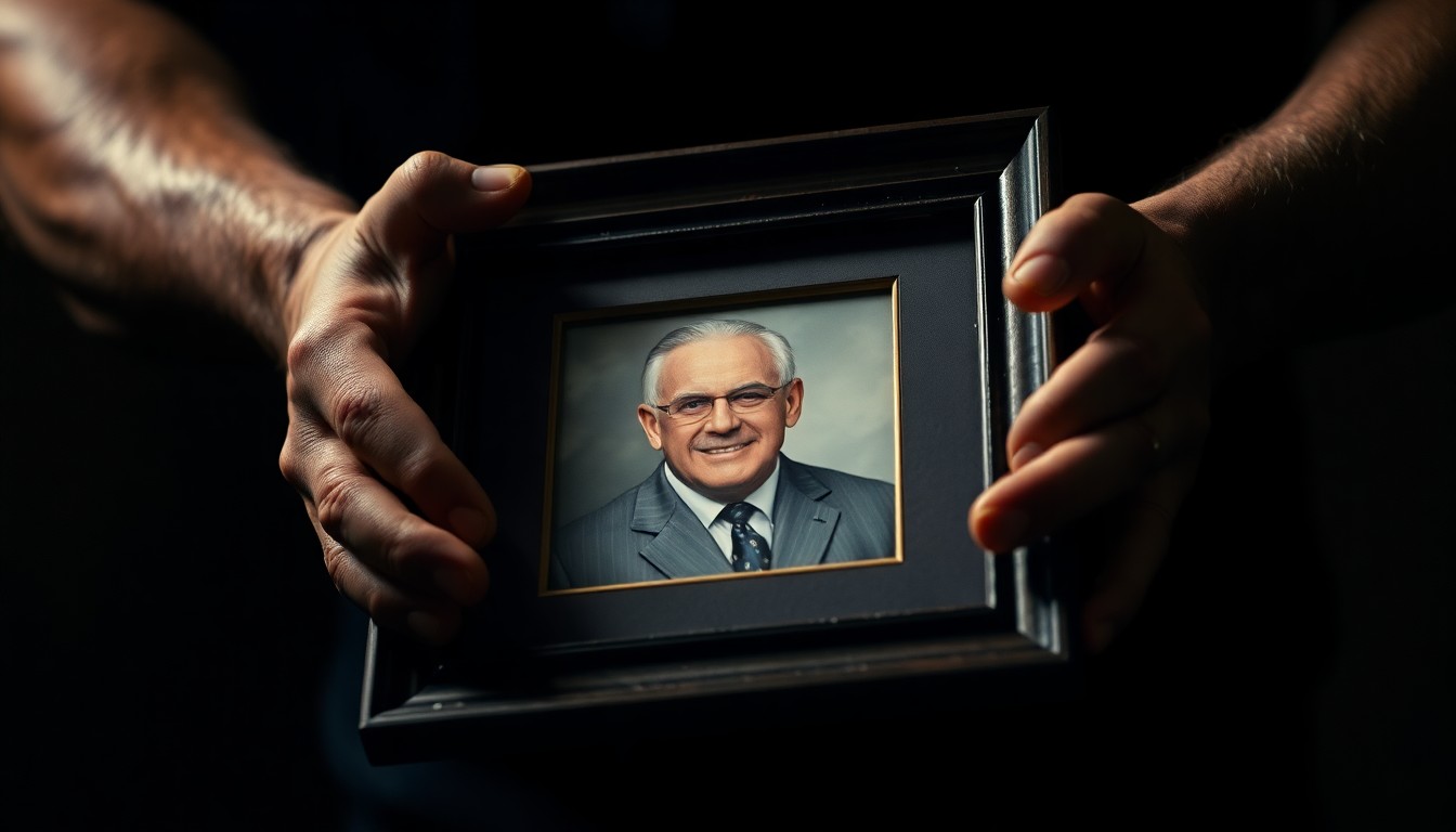 An extreme close-up photograph of Dwayne Johnson's hand holding a framed photo, the image bathed in dramatic high-contrast studio lighting to create a sense of reverence and emotional weight.