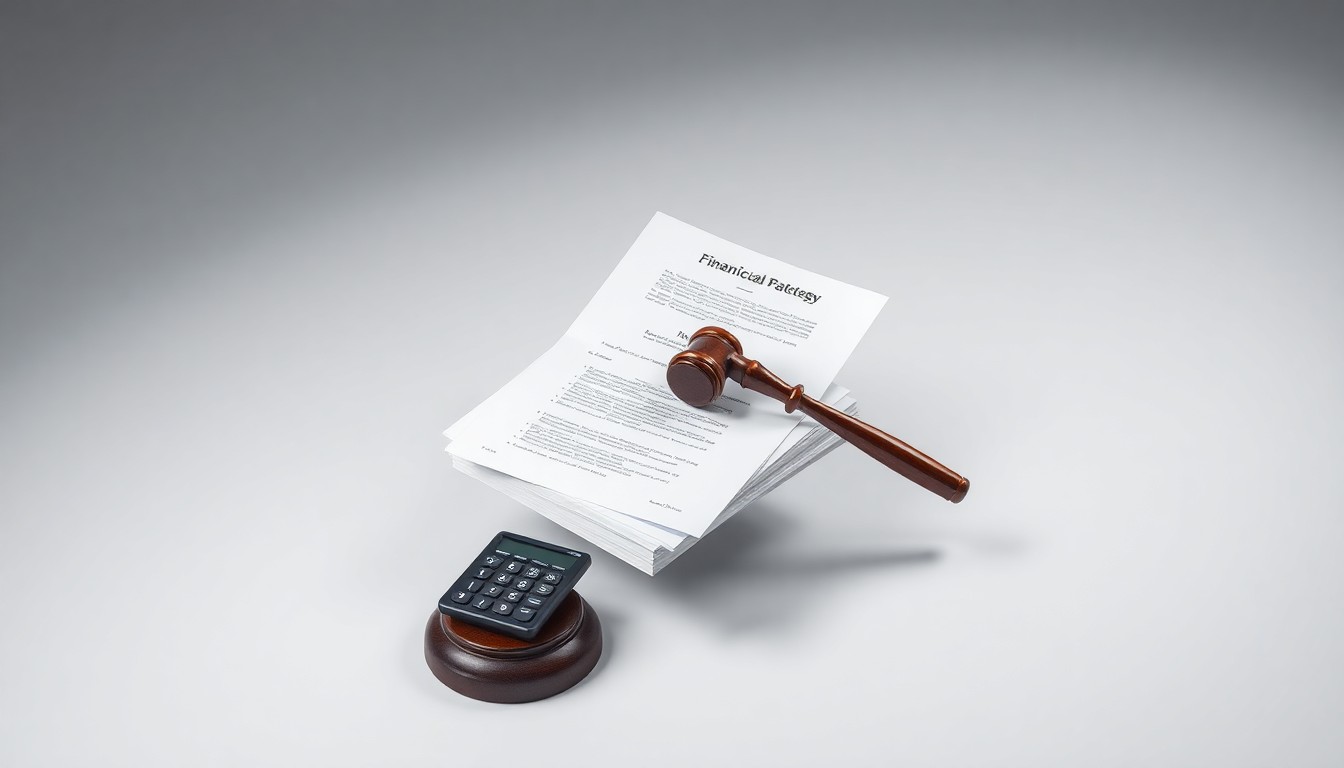 A photorealistic studio still life featuring a stack of financial documents, a calculator, and a gavel floating on a clean, monochromatic background, conceptually representing the abstract corporate strategy and legal proceedings at the heart of the Corcept Therapeutics securities fraud case.