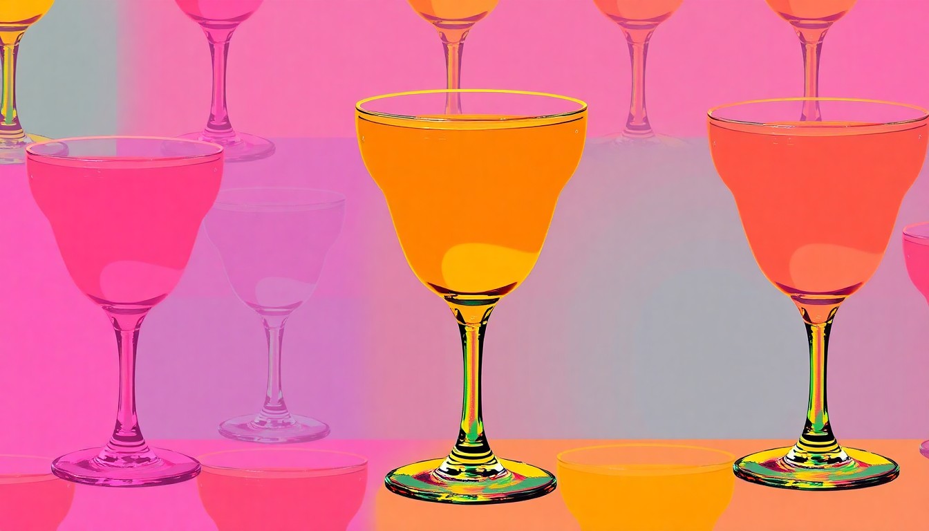 A bold, colorful silkscreen-style illustration of a cocktail glass repeated in a grid pattern, representing the excessive alcohol consumption that led to a passenger's injuries on a cruise ship.