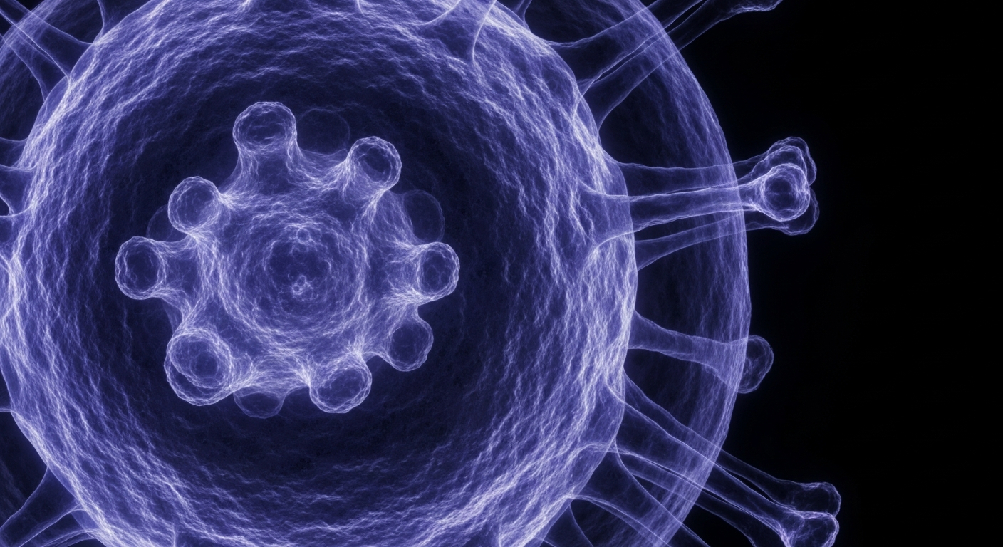 A translucent, ghostly X-ray photograph revealing the intricate internal structure of a measles virus particle, glowing in shades of blue and purple against a dark background.