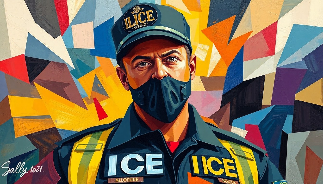 A vibrant, abstract painting of an ICE agent figure repeated in overlapping, fractured geometric shapes and brushstrokes, conveying a sense of movement and tension around immigration enforcement policies.