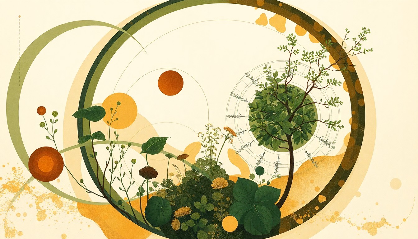 An abstract, botanical-inspired painting in muted earth tones, featuring sweeping geometric shapes and precise spiraling patterns that evoke the natural landscape and vegetation of the Arroyo Seco, conveying the complex interplay of natural forces in this urban ecosystem.