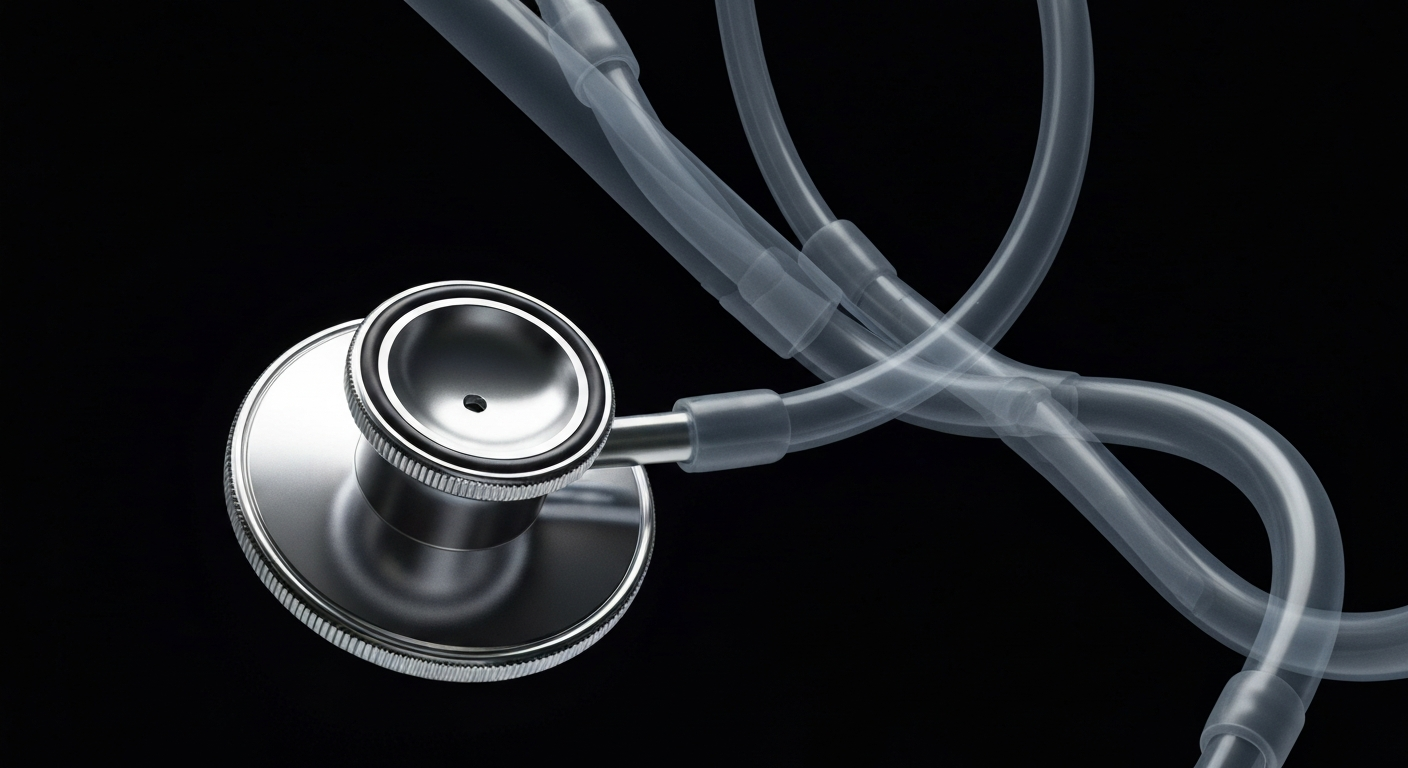 A ghostly, translucent X-ray image of a stethoscope, its internal components glowing against a dark background, conceptually representing the clinical and anatomical aspects of the health insurance story for school employees.