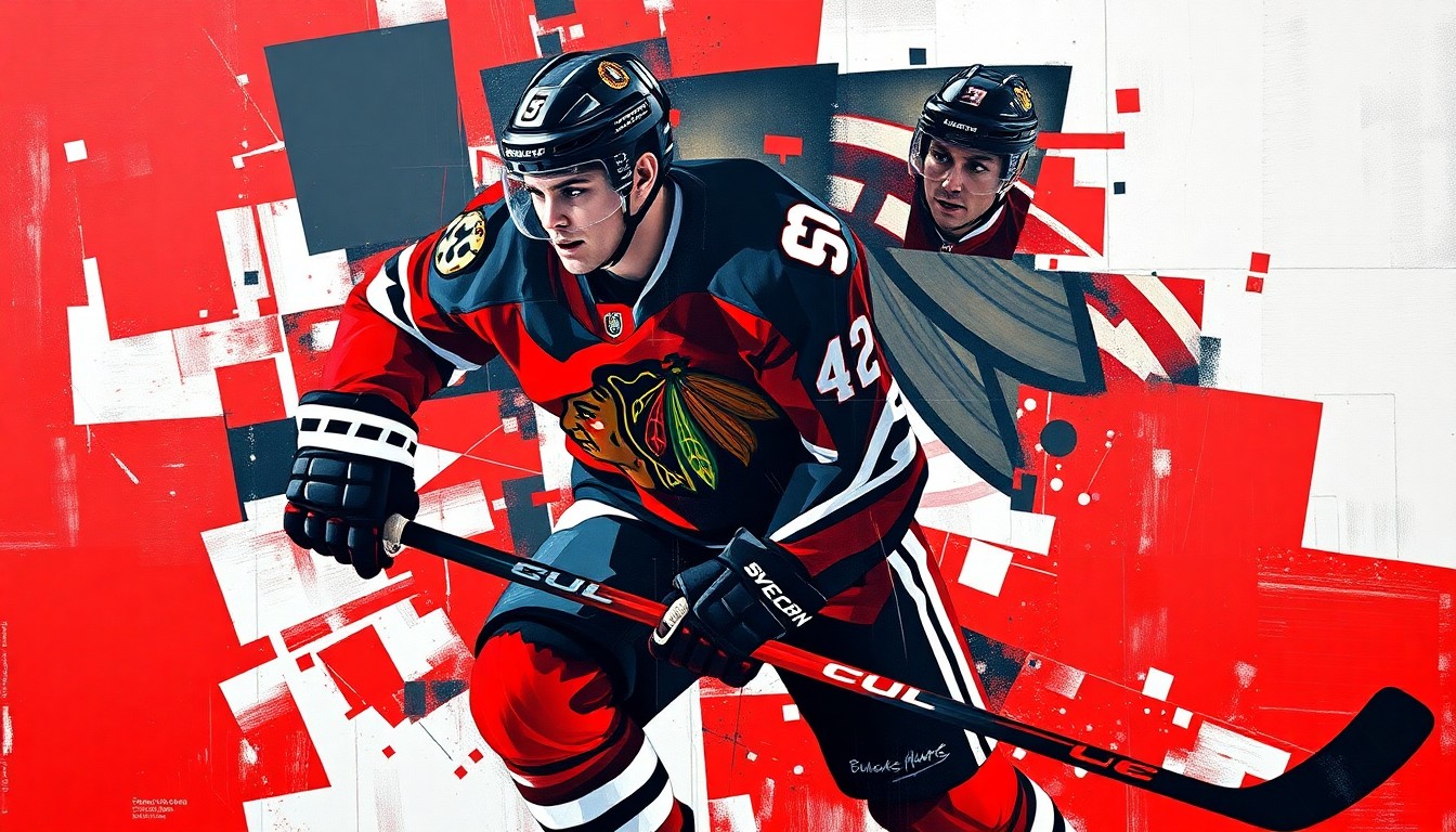 A cubist, geometric painting depicting a hockey player in motion, with sharp planes of red, black, and white representing the Blackhawks' team colors and the fractured, multi-perspective style conceptually illustrating the team's rebuilding efforts centered around their young franchise centerpiece.