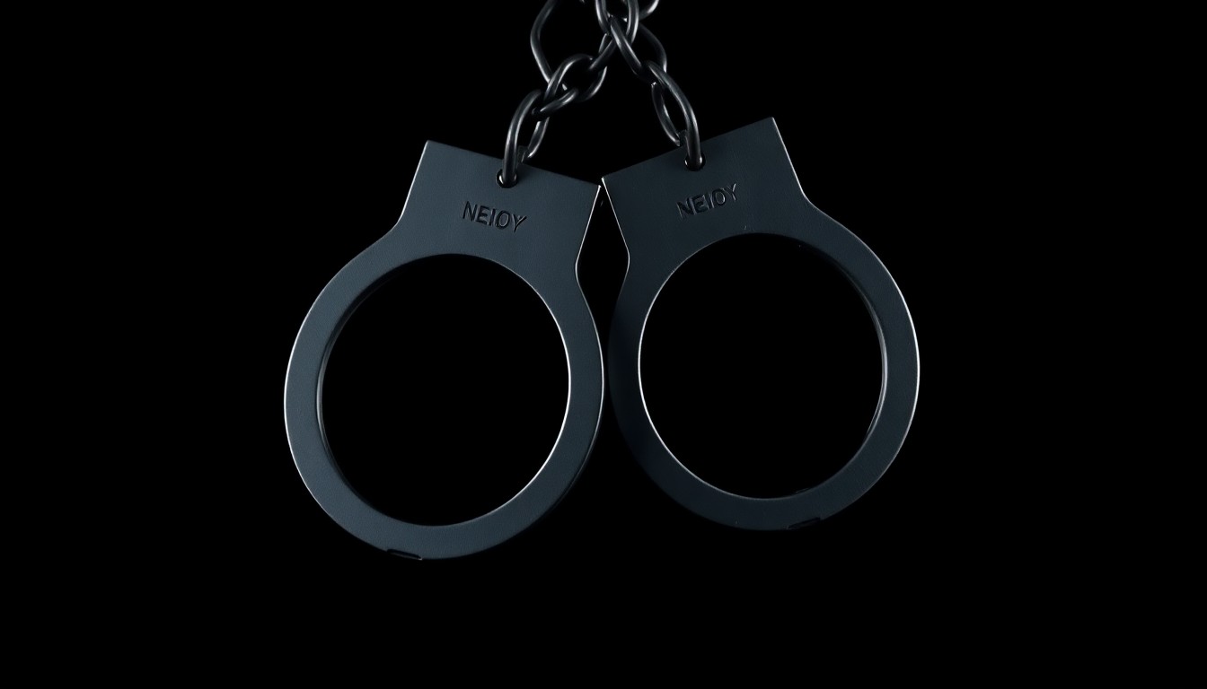 An extreme close-up photograph of a pair of handcuffs against a pitch-black background, lit by a harsh, direct camera flash, creating a stark, investigative aesthetic.