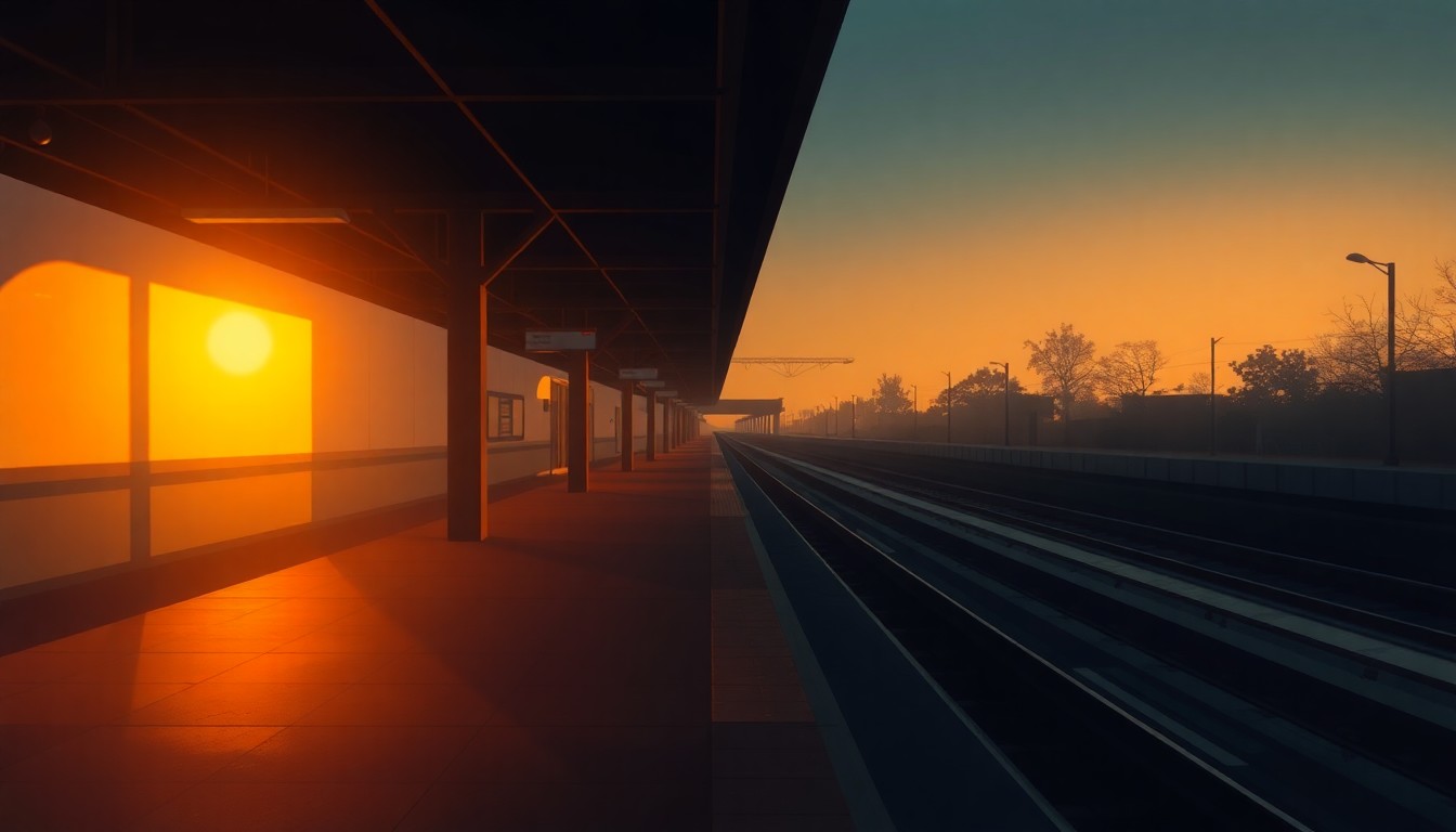 A serene, atmospheric painting of an empty subway platform at dusk, with warm light and deep shadows creating a contemplative, cinematic mood that evokes the importance of public infrastructure investments.