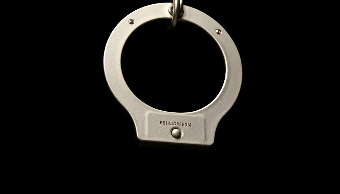 An extreme close-up of a metal handcuff chain against a stark black background, dramatically lit by a harsh camera flash to create a gritty, investigative aesthetic without any text or identifiable elements.