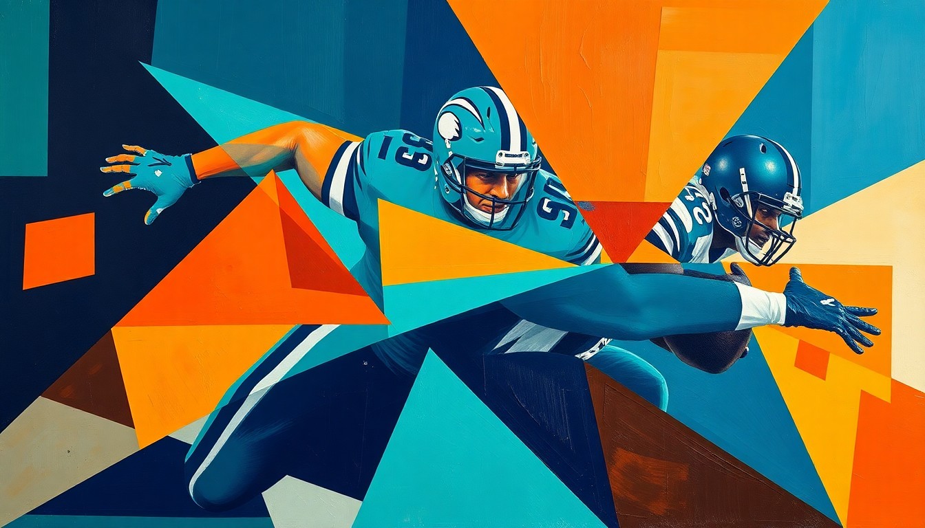 A fragmented, geometric painting depicting the dynamic movements of a defensive lineman, with sharp planes of teal, orange, and navy blue colliding to capture the intensity of the pass rush.
