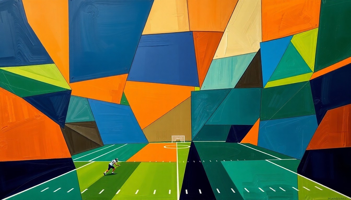 A fragmented, geometric painting depicting a football game, with sharp planes of navy, green, and orange overlapping to create a deconstructed, multi-angled view of the action.