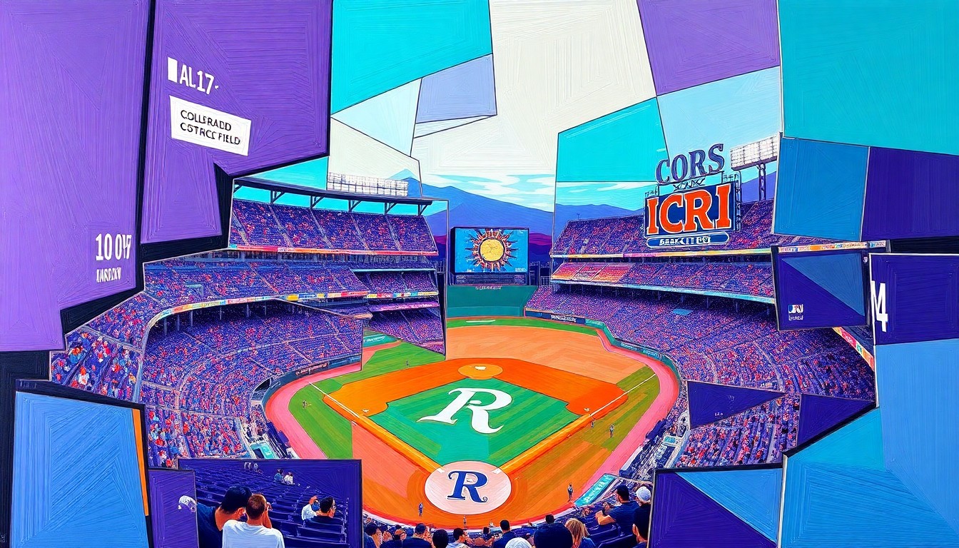 A cubist, geometric painting depicting a fractured, multi-angled view of a Colorado Rockies baseball game, with players and the stadium rendered in sharp, overlapping planes of vibrant purple, teal, and orange hues.