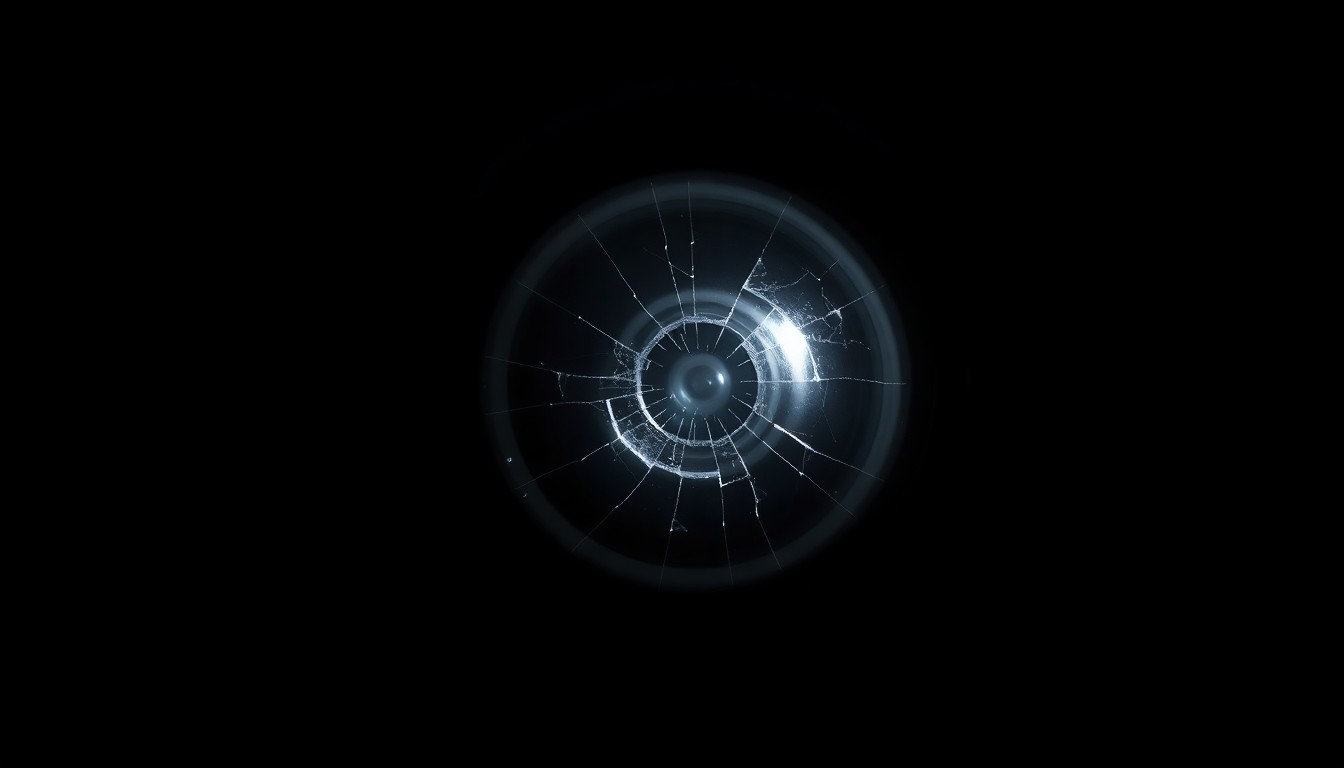 An extreme close-up of a cracked school security camera lens, partially obscured, against a stark black background, conceptually representing the disruption caused by a false threat.