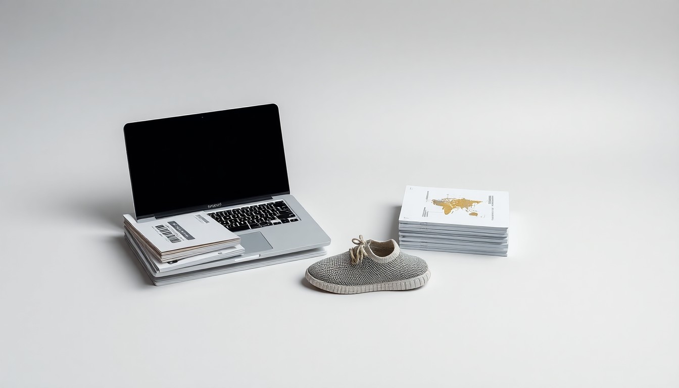 A minimalist studio still life photograph featuring a sleek laptop, technical manuals, and a single Allbirds sneaker, symbolizing the company's transition from sustainable footwear to an AI-focused business model.