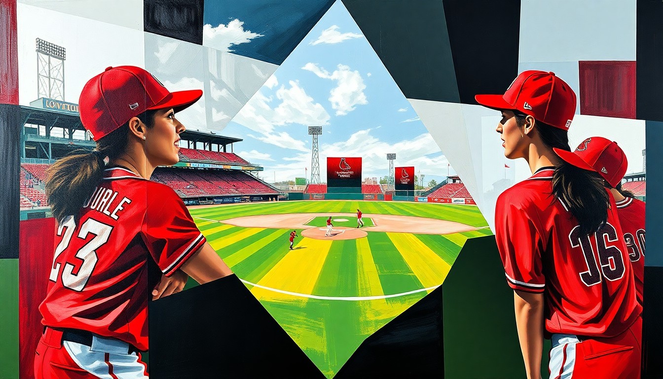 A fragmented, cubist-style painting depicting a Louisville softball game, with the players and field broken down into sharp, overlapping geometric shapes and planes of vibrant red, white, and black colors.