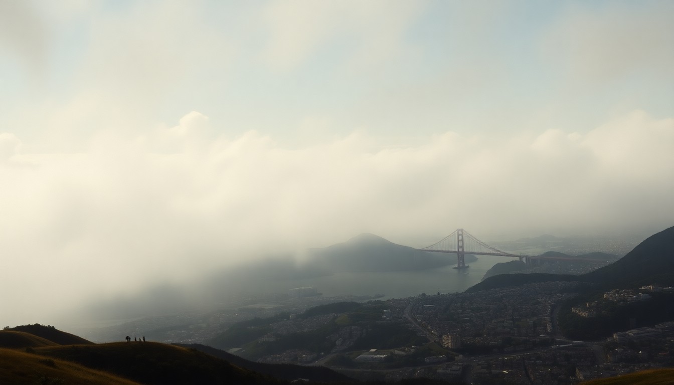 A vast, atmospheric landscape painting in muted tones of gray, blue, and white, depicting the iconic Golden Gate Bridge and surrounding cityscape shrouded in heavy fog, conveying the overwhelming scale and power of nature.