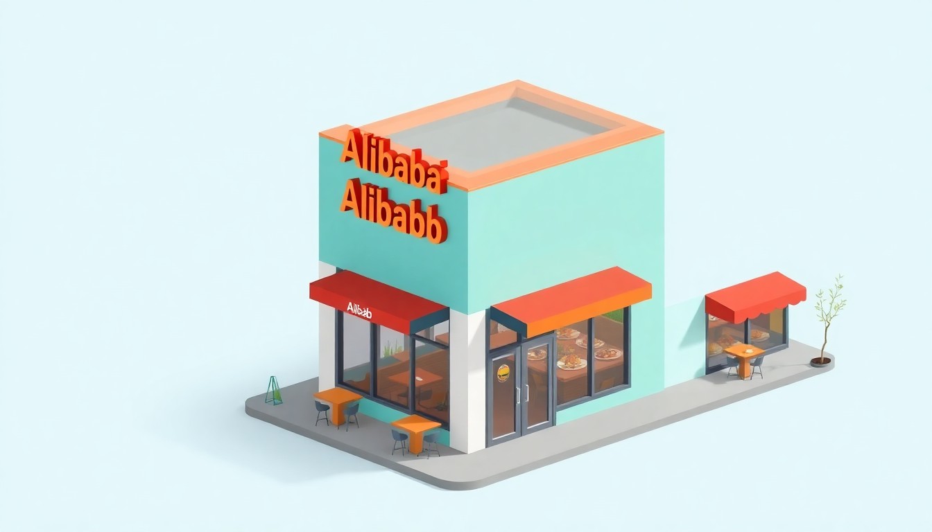 A stylized, three-dimensional illustration of a modern restaurant building with bold geometric shapes and vibrant colors, representing the opening of a new Alibaba Kebab location.