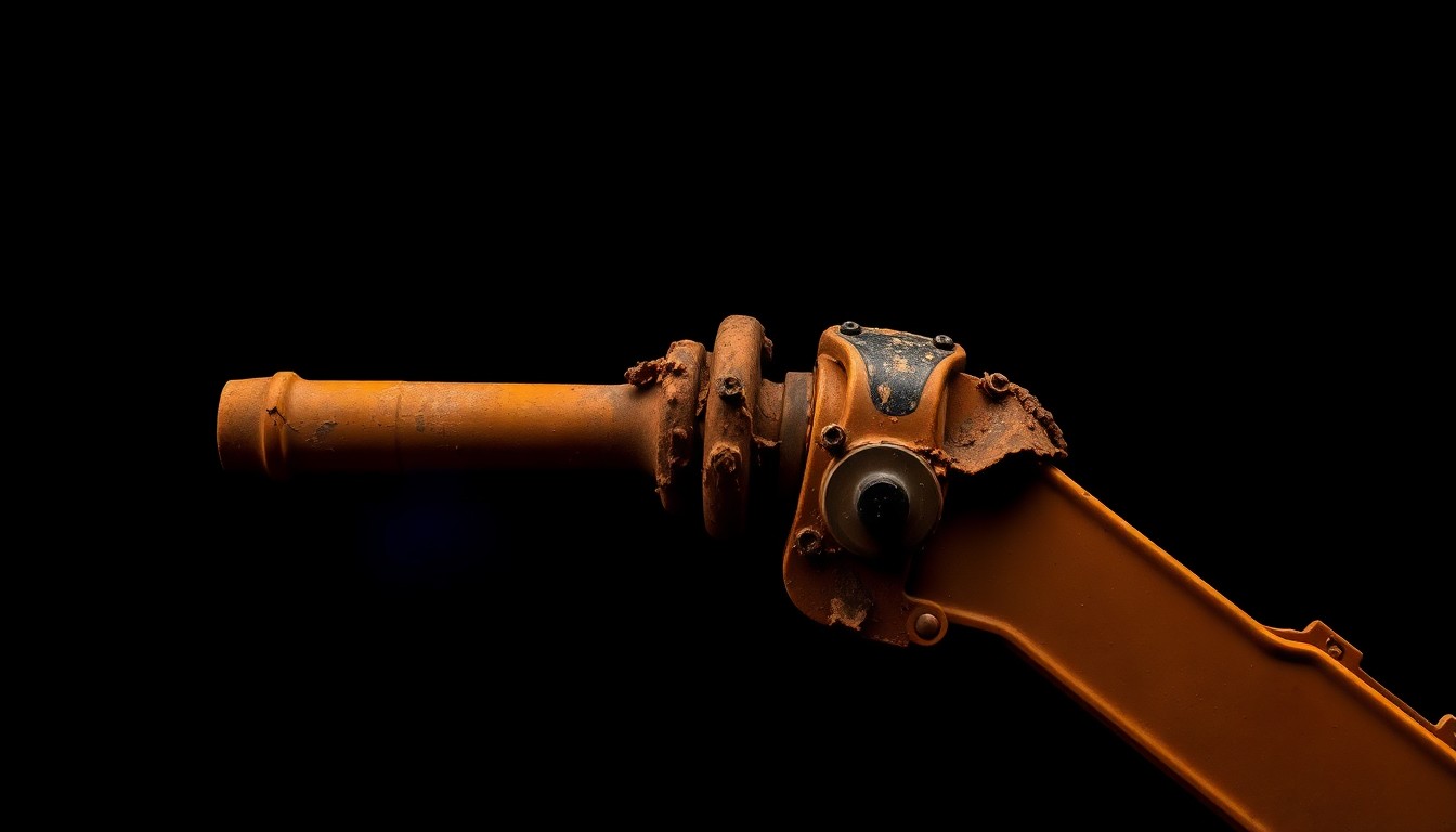An extreme close-up photograph of a twisted, damaged excavator control lever against a pitch-black background, conveying the gritty, investigative nature of this tragic construction accident.
