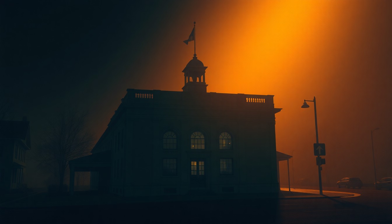 A serene, photorealistic painting of a city hall building in warm, golden light, with deep shadows casting across the facade, capturing a sense of civic contemplation and nostalgia.