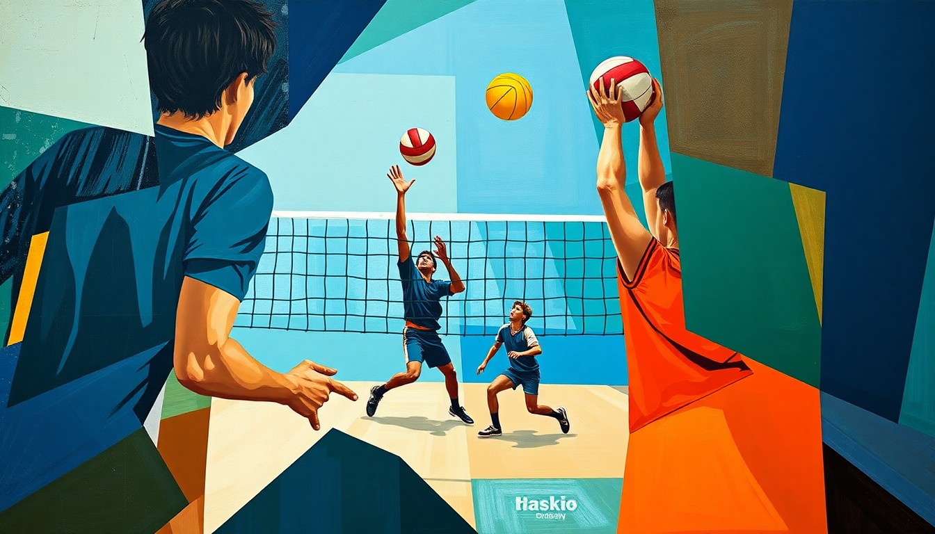 A fractured, geometric painting depicting a boys volleyball match, with the players and ball broken down into sharp, overlapping shapes and planes in a vibrant color palette, conveying the dynamic action and competitive spirit of the game.