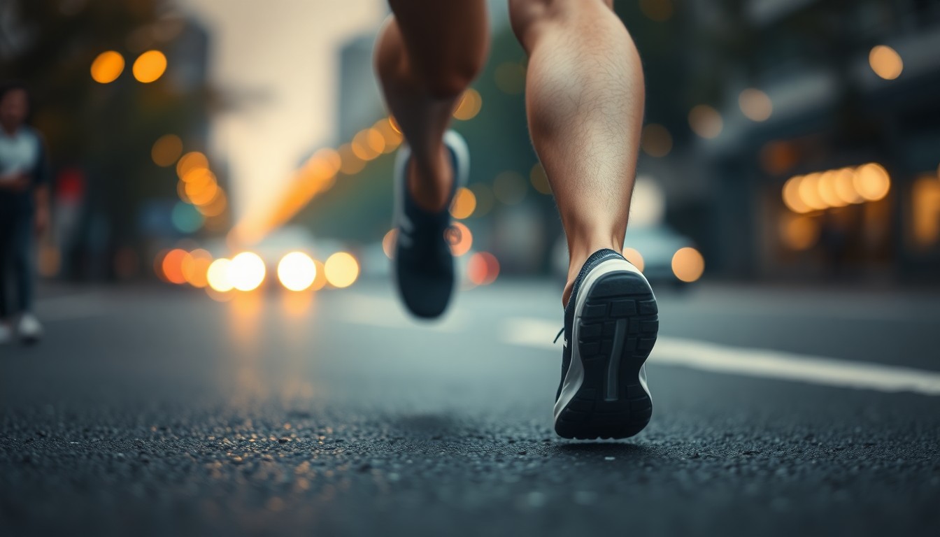 An extremely abstracted, out-of-focus photograph of a runner's feet on a city street, surrounded by a warm, hazy glow of colorful bokeh lights, conceptually representing the emotional journey of grief and healing.