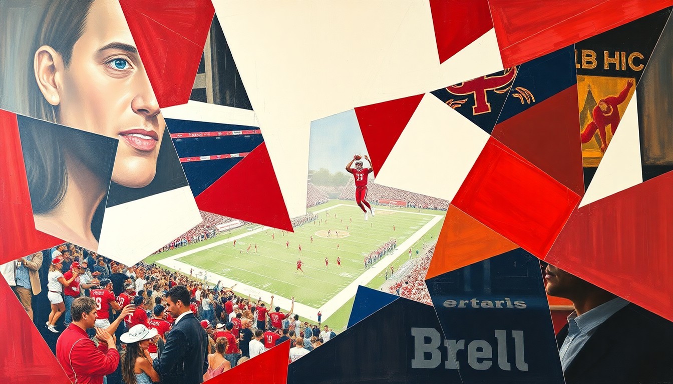 A cubist, geometric painting depicting an abstract sports competition, with overlapping planes of crimson, white, and navy blue shapes representing the dynamic movement and energy of the event.