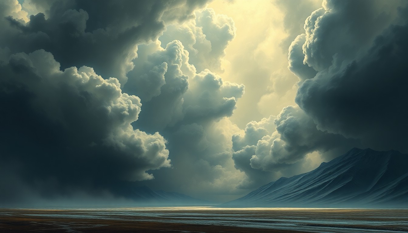 A sweeping, atmospheric landscape painting in muted tones of gray and blue, with heavy clouds dominating the frame and obscuring the details of the buildings and vehicles below, conveying the overwhelming power of the natural disaster.