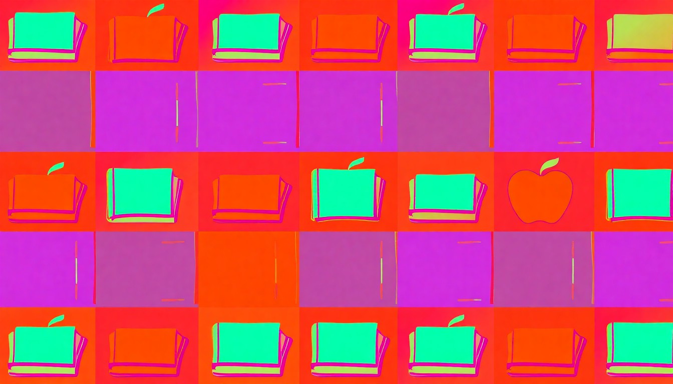 A brightly colored, high-contrast silkscreen print of a single, iconic classroom object such as a chalkboard, textbook, or apple repeated in a tight grid pattern, conceptually representing the vibrant energy and creativity of the teaching profession.