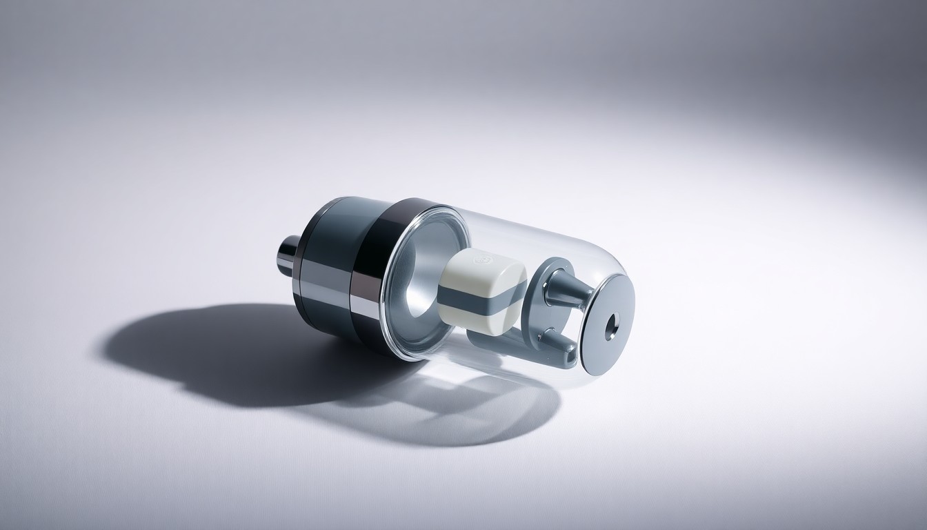 A sleek, modern medical device or pharmaceutical product made from polished metal and glass, elegantly arranged on a clean, monochromatic background and dramatically lit to convey a sense of innovation and precision.