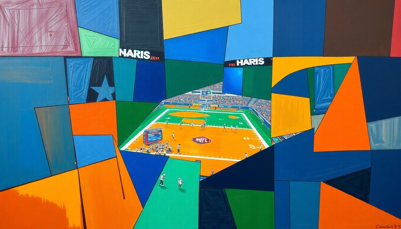 A cubist, geometric painting depicting a fragmented, multi-angled view of a football game or NFL Draft scene, using vibrant colors to capture the energy and excitement of the event.